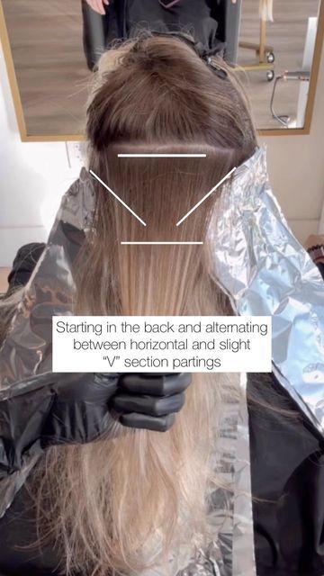 MA | HAIR VIDEOS | BLONDES on Instagram: "🎥 Reverse Balayage Placement This is my fav way to do a reverse balayage and the best part is no lightener was used! ✨ I alternate between horizontal and “V” section partings all the way of the back of the head and end on a horizontal section with a lowlight to veil ✨For the sides I section out my clients hairline to keep the lightness in front of the face. I take horizontal partings until I end at the client’s part making sure to end on a lowlight Reverse Balayage Placement, Balayage Placement Techniques, Reversed Balayage, Balayage Sectioning, Balayage Placement, Veil Placement, Hair Color Placement, Reverse Balayage, Color Veil