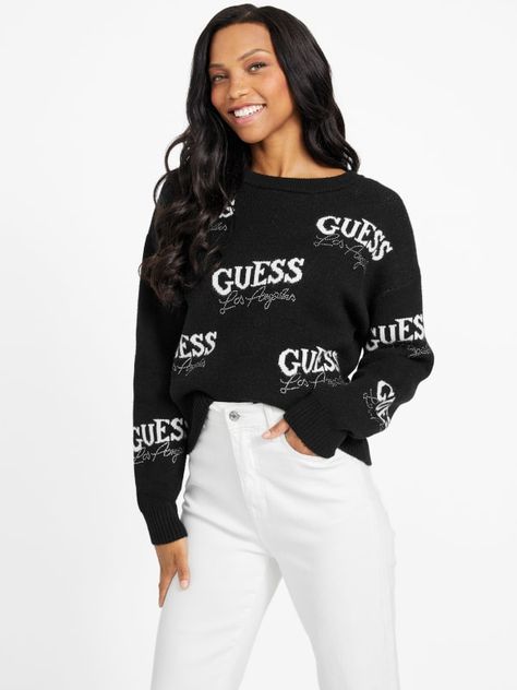 Cate Logo Sweater | GUESS Factory Ca Detailed Sweater, Casual Jumpsuit, Green Sweater, Crewneck Sweater, Lifestyle Brand, Active Wear For Women, Lifestyle Brands, Mens Tees, Black Sweaters