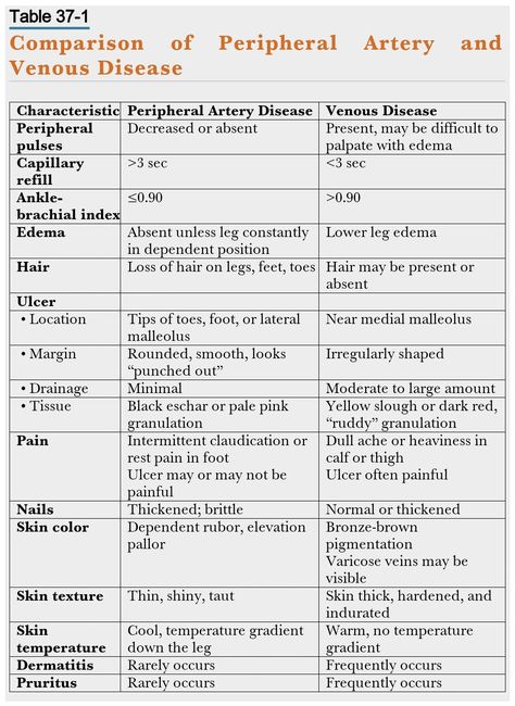 Table 37-1 Comparison of Peripheral Artery and Venous Disease Nursing School Studying Cheat Sheets, Peripheral Artery, Wound Care Nursing, Coconut Health, Vascular Ultrasound, Nursing Cheat, Ultrasound Technician, Med Surg Nursing, Medicine Notes