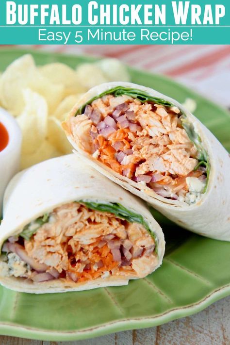 In just 5 minutes, toss together this easy buffalo chicken wrap recipe, filled with shredded buffalo chicken, veggies & cheese! These wraps can be served cold or gilled & served warm! Buffalo Chicken Wrap Recipe, Buffalo Chicken Wrap, Chicken Wrap Recipe, Chicken Buffalo, Buffalo Chicken Lettuce Wraps, Shredded Buffalo Chicken, Braised Chicken Breast, Easy Buffalo Chicken, Buffalo Chicken Wraps