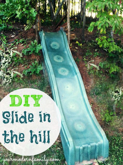 diy make a slide in the hill side or yard easy fun for the kids, diy, outdoor living, repurposing upcycling, woodworking projects, We made this slide with scrap wood the cost of a used slide 25 bought on Craigslist Follow these steps to make your own If you have a hillside in the back yard this is perfect yourmodernfamily com Outdoor Playscapes, Diy Slide, Diy Slides, Woodworking Projects For Kids, Woodworking For Kids, Yard Project, Backyard Playground, Backyard Play, Diy Spring