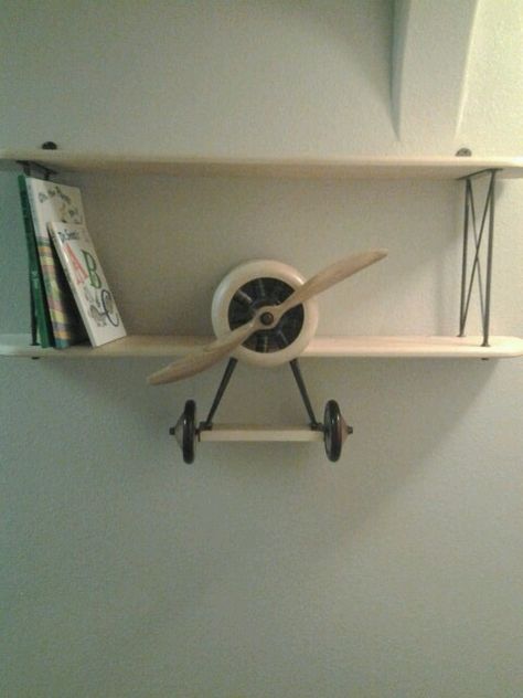 Airplane bookshelf! Airplane Themed Room, Airplane Playroom, Airplane Home Decor, Fighter Jet Nursery, Airplane Room Ideas, Airplane Bedroom Ideas, Airplane Decor House, Airplanes Nursery, Airplane Bookshelf