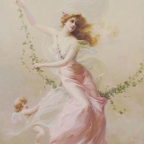 Edouard Bisson, The Swing, Aphrodite, A Flower, A Woman, Flowers, Pink