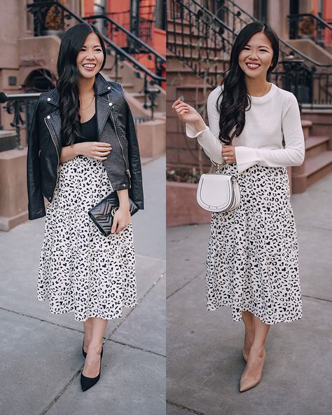 Two Ways to Wear a White Leopard Midi Skirt – Skirt The Rules | NYC Style Blogger White Midi Skirt Outfit, Leopard Midi Skirt Outfit, Leopard Skirt Outfit, Leopard Midi Skirt, Skirt Outfit Casual, Midi Skirt Fall, Nyc Style, Midi Skirt Outfit, White Midi Skirt