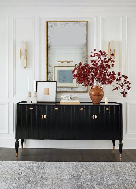 Modern Traditional Living Room, Wallpapered Entryway, Black Dresser, Black Console Table, Bold Wallpaper, Entry Way Design, Wallpaper Trends, Traditional Living Room, Modern Light Fixtures