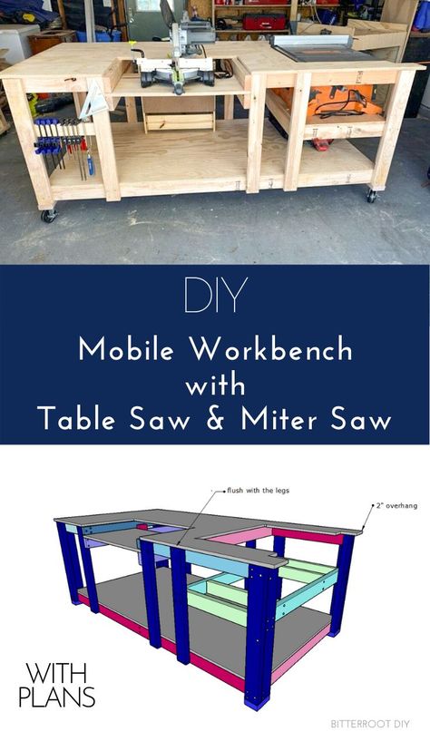 Update your shop with an all-in-one DIY Mobile Workbench. Grab plans to build your own! Workbench With Table Saw, Diy Mobile Workbench, Workbench Table, Garage Workbench Plans, Table Saw Workbench, Tree Carvings, Building A Workbench, Workbench Ideas, Garage Workbench