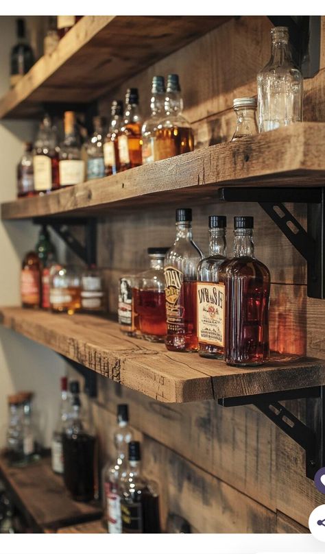 Rustic Basement Ideas Man Cave, Whiskey Room Ideas Man Cave, Whiskey Collection Display, Bourbon Cabinet Ideas, Whiskey Shelf Ideas, Cabin Bar Ideas, Diy Corner Bar, Bar On Wall, Bar Home Ideas