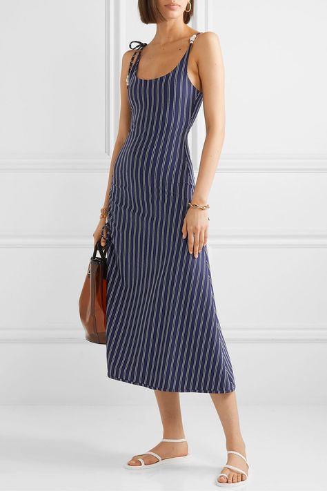 Solid & Striped Bead-Embellished Midi Dress Striped Dress Outfit, Roxanne Assoulin, Polished Casual, Embellished Midi Dress, Chic Skirts, Stripe Outfits, Blue Striped Dress, Stripped Dress, Ancient Greek Sandals