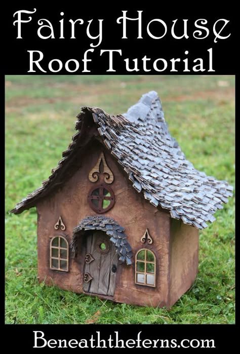 Tutorial for fairy house roof from beneaththeferns Make A Fairy House, Make A Fairy, Fairy Tree Houses, Fairy House Crafts, Fairy Village, Fairy House Diy, Fairy Garden Designs, Fairy Garden Crafts, Faeries Gardens