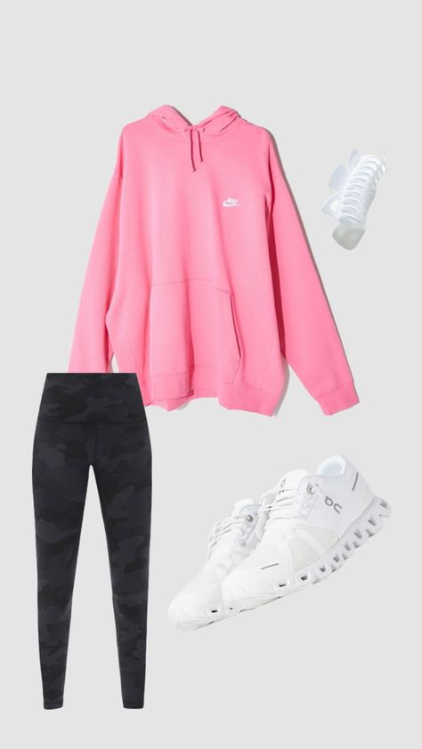 Preppy On Cloud Shoes, On Cloud Outfit Ideas, Outfits With On Cloud Shoes, Pink Nike Hoodie Outfit, What To Wear With Camo Leggings, Cloud Shoes Outfit, Pink Nike Shoes Outfit, Athleisure Outfits Leggings, On Cloud Shoes Outfit