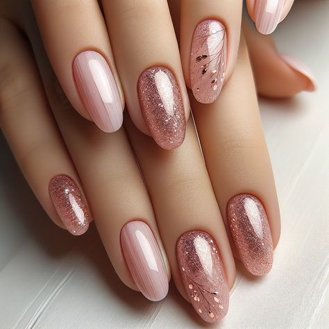 Pastel perfection with a touch of glam! 🌸✨ Flaunt your style with these elegant oval nails featuring a soothing pastel pink base, topped with the perfect hint of rose gold glitter. Perfect for any occasion, these nails bring a subtle sparkle that'll catch every eye. #NailGoals #PastelElegance #RoseGoldGlam Pink Color Nail Art Designs, Light Pink And Gold Glitter Nails, Glitter Nails For Wedding, Winter Nails Pink Rose Gold, Cute Rose Gold Nails, Rose Gold Design Nails, French Nails With Sparkle Glitter, Wedding Nail Ideas For Bridesmaids, Pink And Gold Sparkle Nails