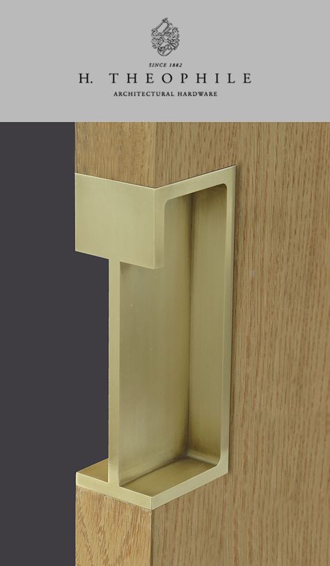 The Best Hardware for Pocket Doors. Unique Cuffs by H. Theophile. This cuff is an engineered, wrap-around solution for pocket doors. Shown here in a burnished brass, and available in a range of custom finishes. This cuff works with a range of styles, from contemporary to historical. Visit H. Theophile's website to see more door hardware solutions such as cuffs, door knobs, levers, pulls, hinges, or recessed pulls. Modern Pocket Doors, Pocket Door Handles, Modern Door Hardware, Pocket Door Pulls, Door Handles Modern, Black Interior Doors, Door Handle Design, Pocket Door Hardware, Black Door Handles