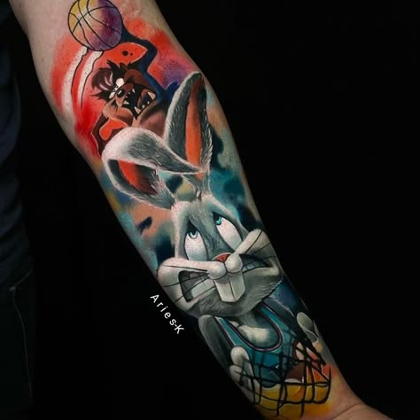 Space Jam Tattoo Design, Space Jam Tattoo, Jam Tattoo, Golf Tattoo, Pop Culture Tattoos, Tattoo Cartoon, Cartoon Tattoo Ideas, 90s Tattoos, Animated Shows