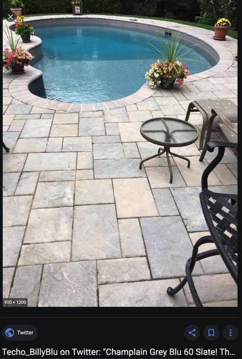 Grey Pavers, Outdoor Barbeque, Concrete Walkway, Backyard Pool Designs, Summer Goals, Paving Stones, Pool Tile, Pool Deck, Pool Landscaping