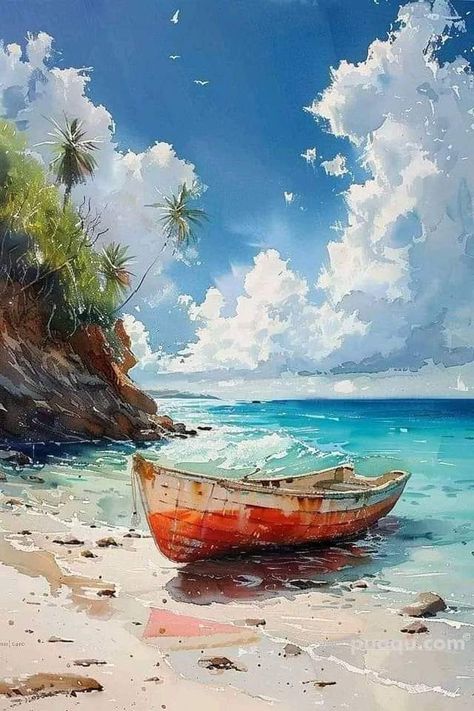 Painting Beach Ideas, Abstract Landscape Painting Watercolor, Boat Art Painting, Beach Watercolor Paintings, Nature Watercolor Paintings, Boats Watercolor, Landscape Paintings Watercolor, Beach Painting Ideas, Landscape Watercolor Paintings