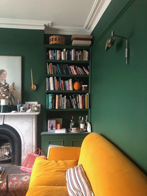 Laura Jackson, Green Walls Living Room, Dark Green Living Room, Green Wall Color, Dark Green Walls, Mad About The House, Yellow Sofa, Green Walls, Living Room Green