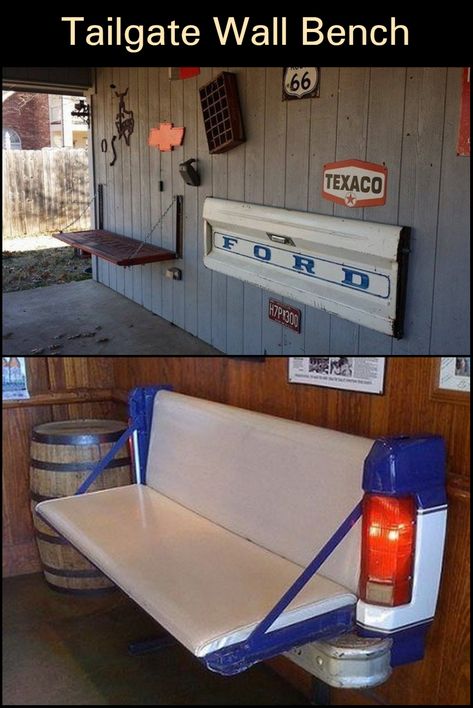 Sometimes, decorating your home requires nothing more than an old scrap item and some imagination. This DIY beautiful and functional wall bench – made from an old Ford tailgate - is an excellent example. Click on the link and we’ll show you how to build your own vintage tailgate workbench here. Fold Out Bench From Wall, Tailgate Table Ideas, Tailgate Headboard, Fold Down Bench, Tailgate Diy, Tailgate Benches, Farmers Porch, Tailgate Bar, Tailgate Bench