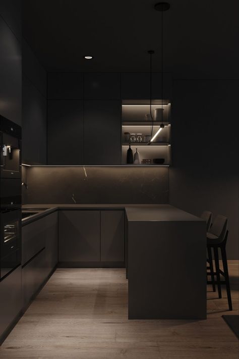 Kitchen Aesthetic Minimalist Dark, Minimalist Apartment Dark, Dark Grey Home Decor, Dark Modern House Layout, Dark Minimalist Kitchen, Dark Minimalist Home Decor, Dark Minimalist Interior Design, Minimalist Kitchen Dark, Dark Minimalist Apartment