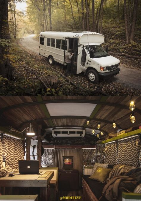 19 Converted Van And Bus Homes To Make You Jealous - InspireMore Mini Bus Conversion, Mini School Bus Conversion, Bus Lighting, Bus Home Conversion, Short School Bus Conversion, Bus Transformation, Vw Lt 35, Lights Curtains, Modern Dans