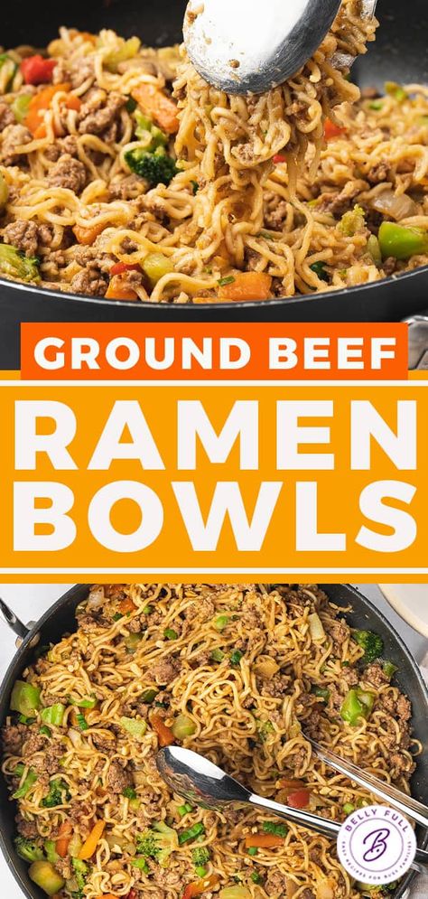 These Ground Beef Ramen Bowls are made with ramen noodles, ground beef, and stir fry veggies coated in a sweet and salty Asian stir-fry sauce. Ready in under 30 minutes, this ramen skillet makes a super delicious, quick and easy weeknight dinner. Hamburger Meat Ramen Noodles, 12 Tomatoes Ground Beef Ramen Skillet, Hamburger Ramen Noodle Stir Fry, Stirfry Ramen Recipes, Ramen Skillet Recipes, Beef And Noodle Bowl, Ramen Noodle Hamburger Recipes, Beef Ramen Noodle Recipes Crock Pot, Ground Beef And Raman Noodles