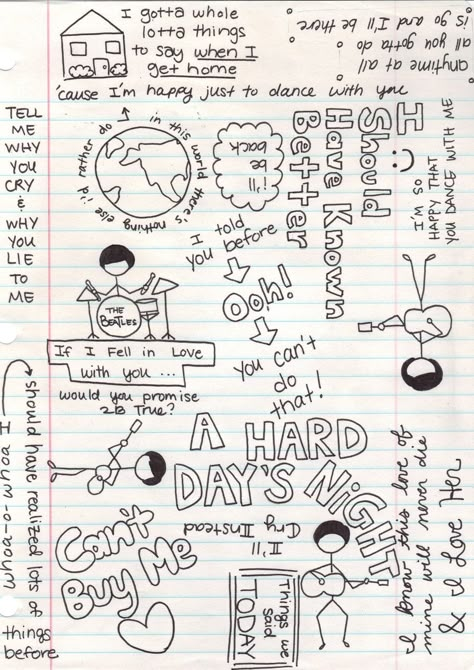 The Beatles Doodles, Concert Doodle, The Beatles Tattoo Ideas, Beatles Lyrics Tattoo, Diary Book Ideas, Beatles Collage, Music Doodles, Beatles Drawing, Pep Band