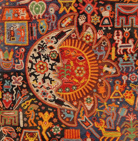 Huichol Sun and Moon ,  created with seed beads impressed in wax rather than yarn or thread. Popular Arts Museum Mexico City Yarn Painting, Huichol Art, Folk Embroidery, Popular Art, Arte Sketchbook, Arte Inspo, Arte Popular, Mexican Art, Mexican Folk Art