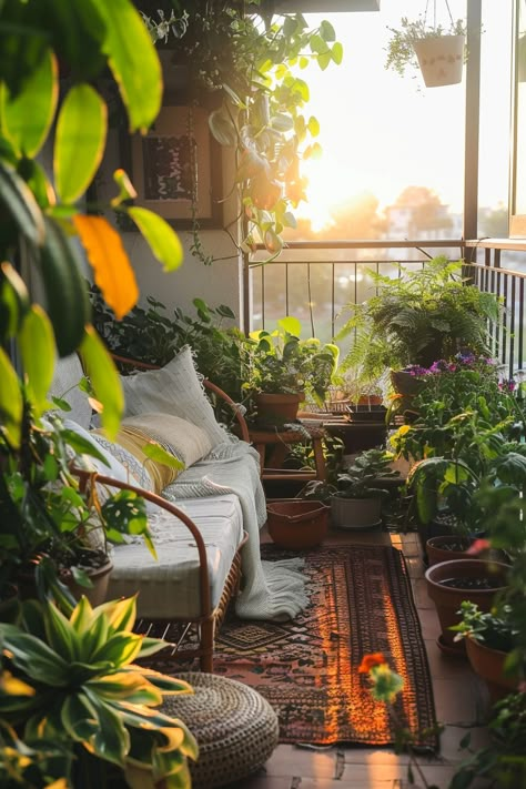 Cozy and lush small balcony garden bathed in golden sunlight, featuring abundant green plants and a comfy seating area. Outdoor Balcony Plants, Small Porch Garden, Balcony Garden Design, Balcony Green, Urban Gardening Balcony, Green Balcony, Plants Balcony, Apartment Balcony Garden, Balcony Design Ideas