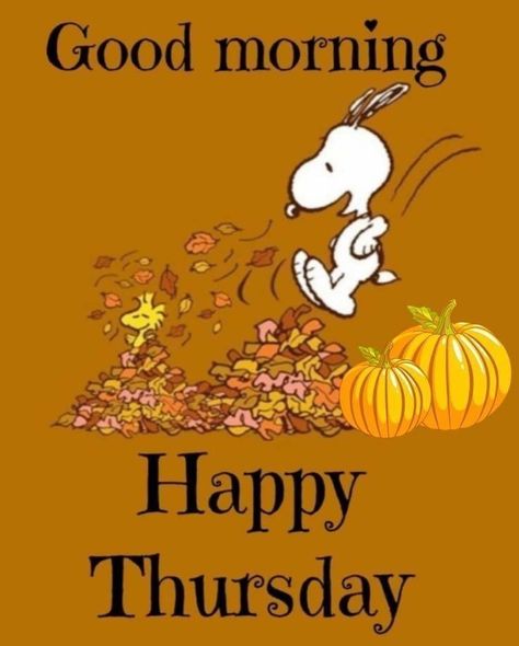 Good Morning Thursday Snoopy, Snoopy Thursday, Snoopy Sayings, Happy Thursday Pictures, Snoopy Holiday, Fall Greetings, Happy Thursday Images, Autumn Greetings, Saturday Coffee