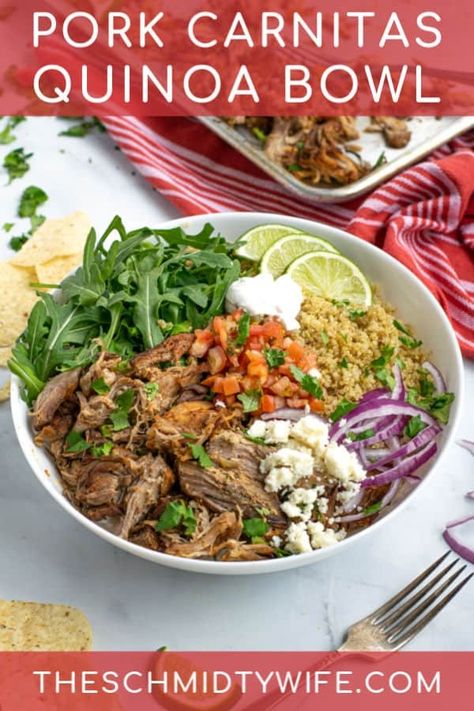 Super easy to make Carnitas Bowls star delicious pork carnitas, quinoa, arugula, and a variety of toppings to make a quick meal! Perfect for using up leftover carnitas! Leftover Carnitas Recipes, Pork Quinoa Bowl, Carnitas Bowls, Lite Dinners, Carnitas Bowl, Crockpot Carnitas Recipes, Carnitas Recipes, Leftover Carnitas, Crockpot Carnitas