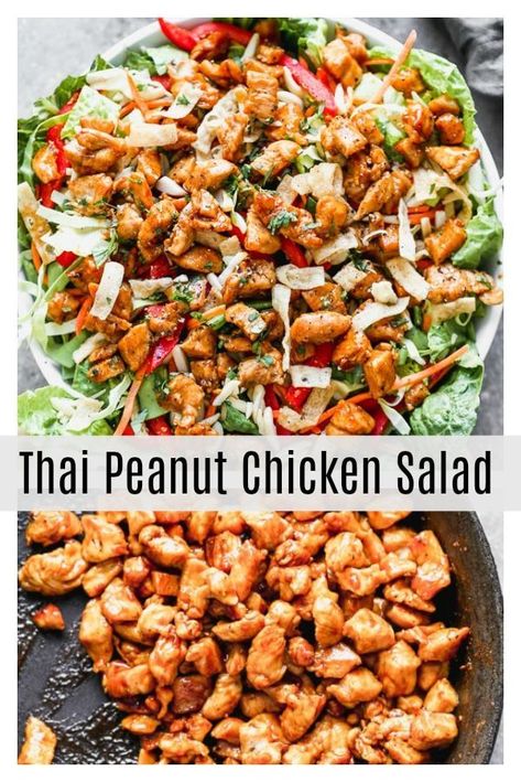 Thai #Peanut #Chicken #Salad Peanut Chicken Salad, Sesame Vinaigrette, Delicious Healthy Salads, Healthy Lunch Salad, Thai Chicken Salad, Wonton Noodles, Thai Peanut Chicken, Dinners Healthy, Thai Peanut