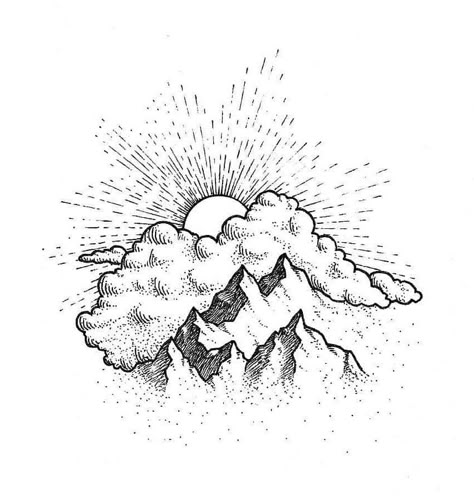 Surreal Nature, Sun Landscape, Fineliner Art, Cloud Tattoo, Sun Tattoos, Mountain Tattoo, Cloud Drawing, Tattoo Flash Art, Black Ink Tattoos