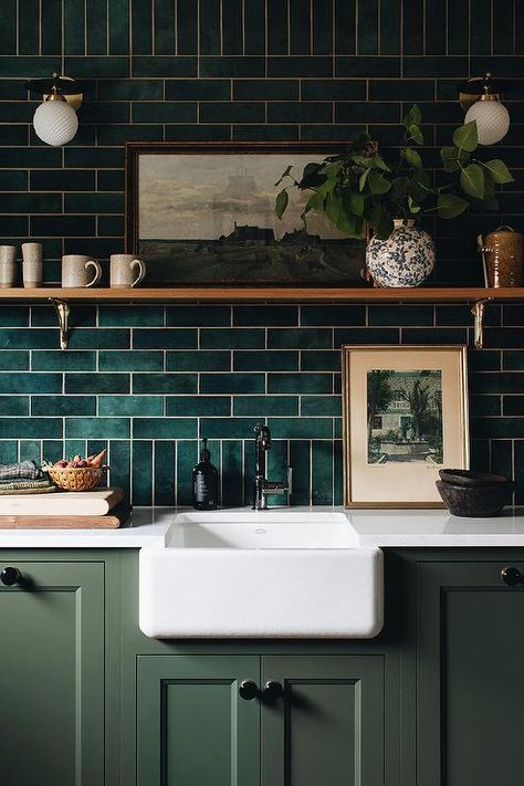 Moody Kitchens, Green Kitchen Backsplash, Jean Stoffer, Backsplash Trends, Kitchen Backsplash Trends, Dark Green Kitchen, Green Backsplash, Boy Bath, Green Kitchen Cabinets