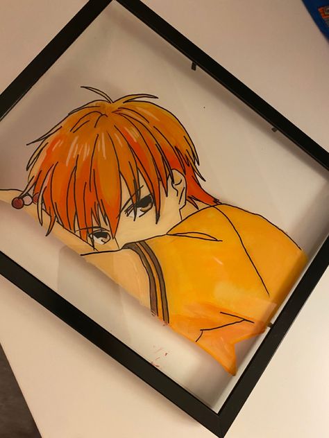 It is a glass frame with a black border. It contains an anime character that has orange hair and eyes, but is laying down and looking over as his hair flows down. Fruits Basket Painting Anime, Fruits Basket Glass Painting, Fruits Basket Painting, Anime Glass Painting, Anime Canvas Painting, Kyo Sohma, Manhwa Art, Fruits Basket Anime, Basket Anime