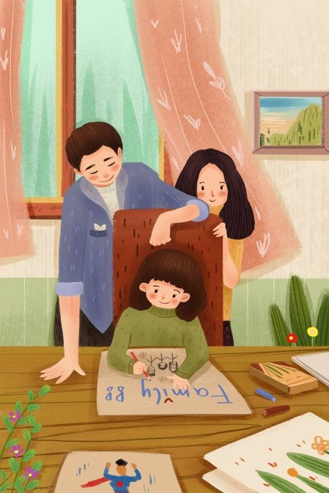 Family warm child hand painted illustration image Aesthetic Family Pictures, Parents Drawing, Family Picture Drawing, 가족 일러스트, Parenting Illustration, Couple Comics, Child Drawing, What Is Family, Painting Family