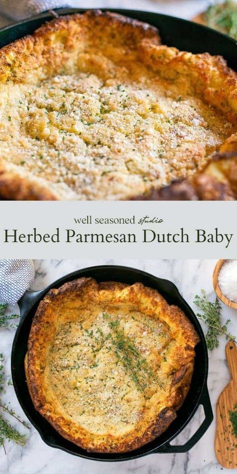 Herbed Parmesan Dutch Baby Savory Dutch Baby Recipe, Savory Dutch Baby, Dutch Baby Recipe, Dutch Babies, Scrumptious Food, Dutch Baby Pancake, Butternut Squash Pasta, Chicken Roasted, Squash Pasta