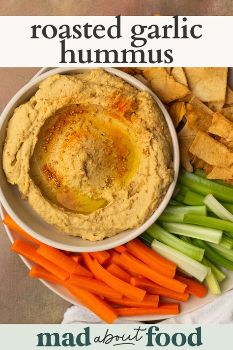 Roasted Garlic Hummus Recipe, Garlic In The Oven, Easy Roasted Garlic, Creamy Hummus Recipe, Garlic Hummus Recipe, Roasted Garlic Hummus, Greek Appetizers, Homemade Flatbread, Garlic Hummus