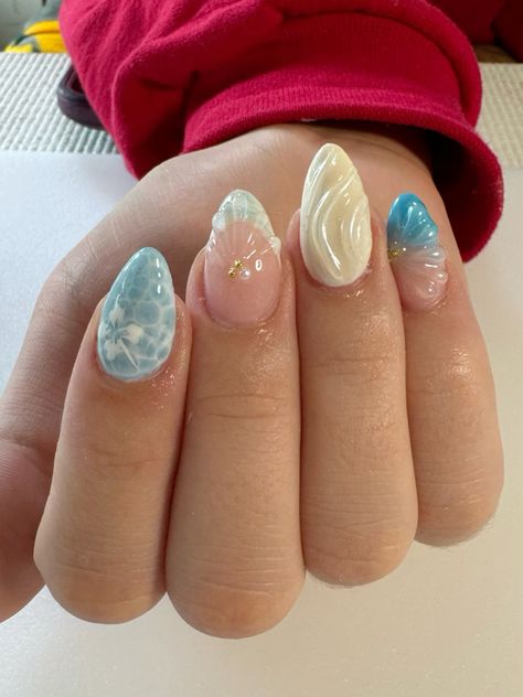 Water Acrylic Nails, Nails Hibiscus Flower, Nails Hibiscus, Nails Almond Short, Hibiscus Flower Nails, Nails 3d Gel, Nails Water, Hawaii Nails, Seashell Nails