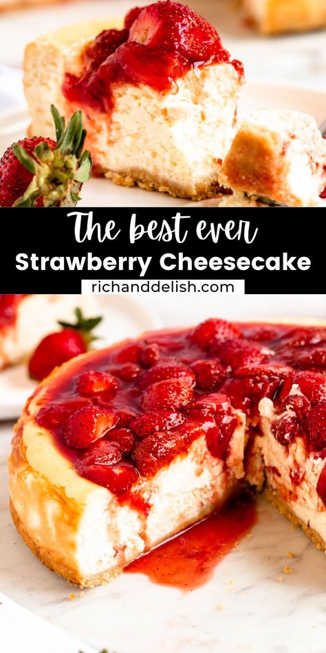 This strawberry cheesecake with strawberry sauce is made without a water bath, with a creamy and light cheesecake that is topped with homemade strawberry sauce. Cheesecake Topped With Strawberries, Cheesecake Recipes Cherry, Juniors Strawberry Cheesecake Recipe, Baked Strawberry Cheesecake, Strawberry Cheesecake Birthday Cake, Juniors Cheesecake Recipe, 10 Inch Cheesecake Recipe, Strawberry Cheesecake Sauce, Best Cheesecake Recipe Homemade