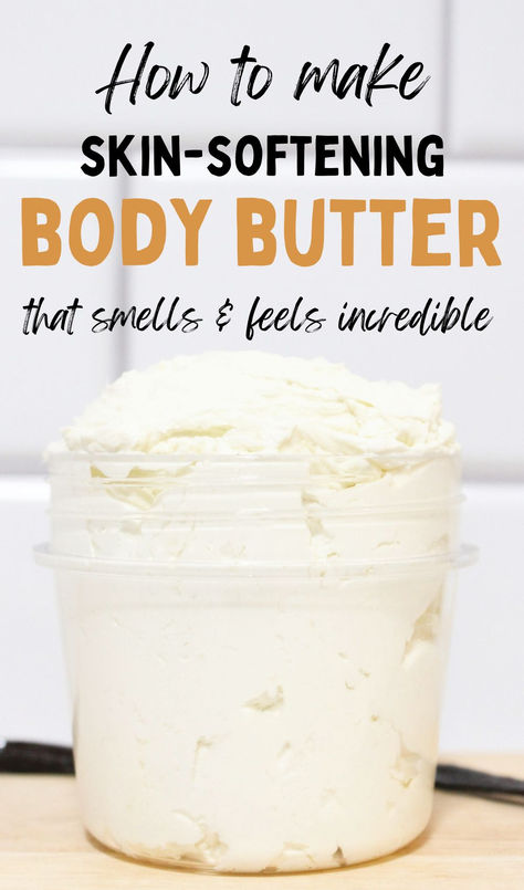 Small mason jar with body butter and text "How to make skin-softening body butter that smells & feels incredible" How To Make Body Butter, Make Body Butter, Body Butter Recipe Whipped, Whipped Body Butter Recipe, Body Butter Recipe Homemade, Diy Body Butter Recipes, Body Butter Recipe, Diy Oatmeal, Vanilla Body Butter