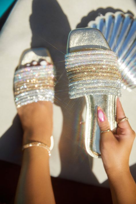 Miss Lola, Slip On Sandals, Embellished Sandals, Shoe Inspo, Vacation Outfit, Vacation Mode, Gold Sparkle, Photography Editing, My Dream Closet