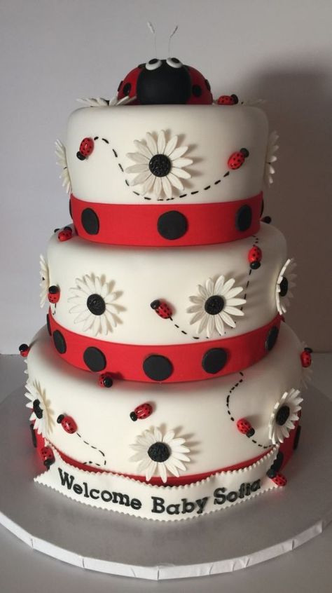 Lady Bug themed Baby Shower Cake Bug Themed Baby Shower, Baby Shower Girl Theme, Winter Baby Shower Cake, Ladybug Baby Shower Theme, Cakes For Girls, Daisy Cupcakes, Ladybug Cakes, Elephant Baby Shower Cake, Ladybug Baby Shower