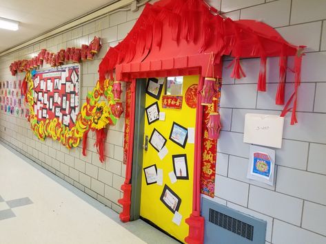 Chinese Door and Bulletin Board Japan Door Decoration, China Bulletin Board Ideas, Japanese Bulletin Board, Chinese New Year Classroom Door, Japan Bulletin Board, China Classroom Decorations, Chinese New Year School Decorations, Chinese New Year Door Decoration, Lunar New Year Bulletin Board