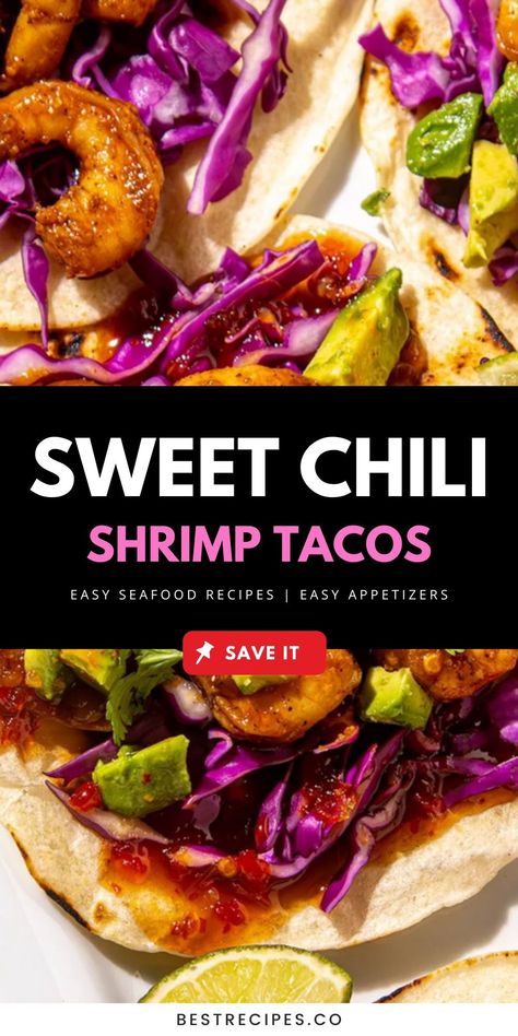 Indulge in Crispy Sweet Chili Shrimp Tacos, featuring homemade sweet chili sauce and lime-marinated shrimp. Garnished with fresh toppings like avocado, these tacos are a quick and healthy option. Ideal for those who love shrimp taco seasoning. Save this pin to your 'Healthy Shrimp Tacos' board and check out the full recipe for more inspiration. Sweet Thai Chili Shrimp Tacos, Sweet Chili Shrimp Tacos, Tacos Easy Recipes, Snacks For Company, Sweet Chili Shrimp Recipe, Shrimp Taco Seasoning, Pasta And Ground Beef, Crispy Cabbage, Healthy Shrimp Tacos