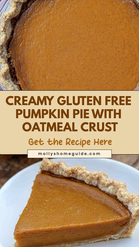 Delight in the flavors of fall with this scrumptious gluten-free pumpkin pie with an oatmeal crust. A warm and comforting dessert perfect for any gathering or holiday celebration. Indulge in every bite of this creamy, spiced pumpkin filling nestled in a cozy oatmeal crust that adds a delightful crunch. A decadent treat that's sure to please everyone at the table, whether they have dietary restrictions or not. Pumpkin Pie With Oatmeal Crust, Gluten Free Sugar Free Pumpkin Pie, Gluten Free Oatmeal Cake, Gluten Free Pumpkin Pie Crust, Pie With Oatmeal Crust, Oatmeal Pie Crust Recipe, Pumpkin Recipes Gluten Free, Pumkin Pie Recipe, Pumpkin Pie Crust Recipe