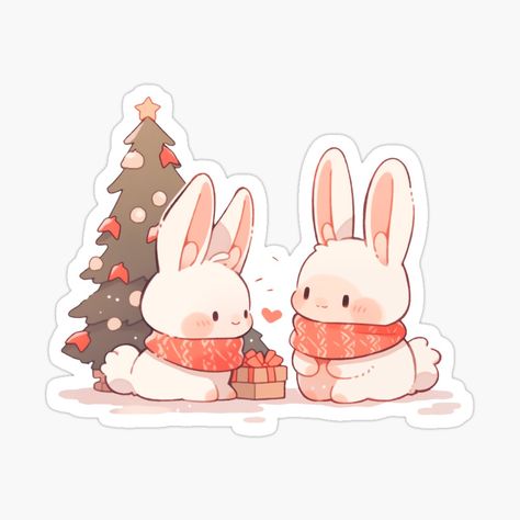 Cute Kawaii Bunny Rabbits Under the Christmas Tree by CozyKawaiiArt | Redbubble Christmas Bunny Drawing, Kawaii Christmas Drawings, Cute Winter Art, Cute Christmas Animals, Christmas Bunnies, Xmas Animals, Christmas Kawaii, Winter Rabbit, Christmas Rabbit