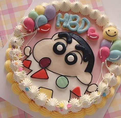 Korea Cake Design, Shin Chan Cake, Doodle Cake, Bd Cake, Modern Birthday Cakes, Small Birthday Cakes, Cupcake Decor, Unique Birthday Cakes, Korean Cake