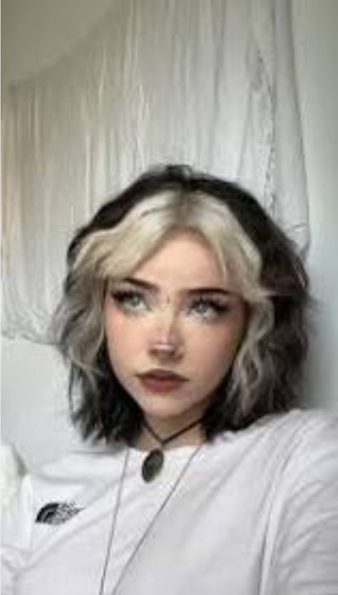 Half Black Half Blonde Hair Short, White And Black Short Hair, Black And White Hairstyles Short, Black Hair With White Bangs, Black Hair White Bangs, Split Dyed Hair Black And Blonde, Half White Hair, Black And White Short Hair, White And Black Hair