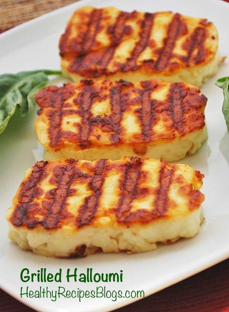 Grilled Halloumi is a delicacy. Golden brown, crispy exterior. Soft, gooey interior, and a wonderfully savory flavor. It's a magic cheese that you can grill! via @healthyrecipes Halloumi Cheese Recipes, Haloumi Recipes, Haloumi Cheese, Halloumi Cheese, Grilled Halloumi, Queso Fundido, Healthy Grilling Recipes, Healthy Grilling, Healthy Food Blogs