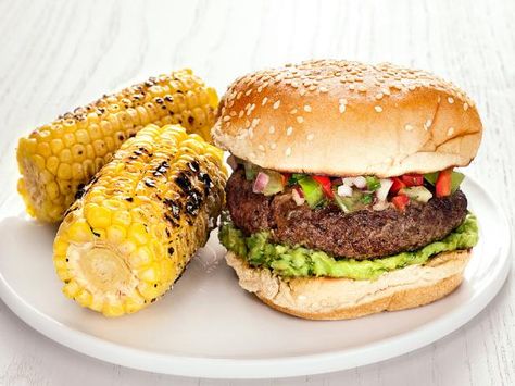 Get Burgers with Green Tomato Salsa Recipe from Food Network Green Tomato Salsa Recipe, Salsa Burger, Green Tomato Salsa, Tomato Salsa Recipe, Food Network Magazine, Green Tomatoes, Salsa Recipe, Kitchen Food, Burger Recipes