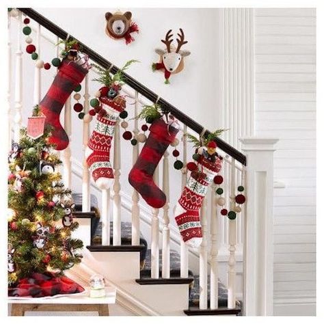 Christmas Banister, Christmas Stairs Decorations, Christmas Staircase Decor, Christmas Stairs, Hanging Christmas Stockings, Christmas Staircase, Staircase Decor, Stair Case, Fun Christmas Decorations